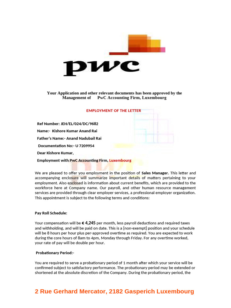 PwC Luxembourg Employment Offer Letter | PDF | Employment | Overtime