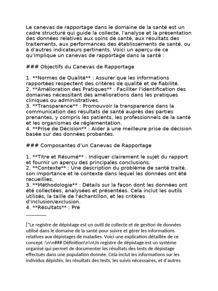 Définition du Canevas de Rapportage | PDF | Dépistage (Médical ...