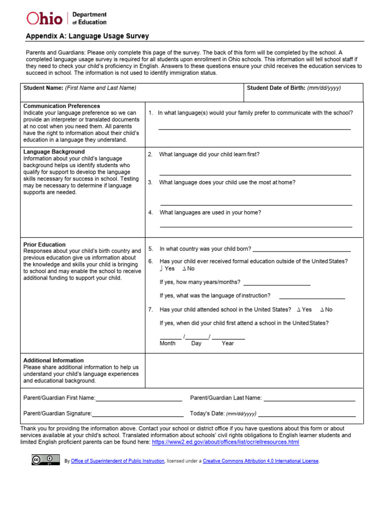 Ohio Language Usage Survey Form | PDF | Learning | Linguistics