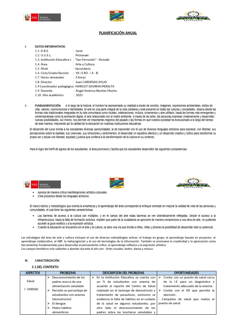 Planificación Anual de Arte y Cultura 2025 | PDF | Aprendizaje | Las ...