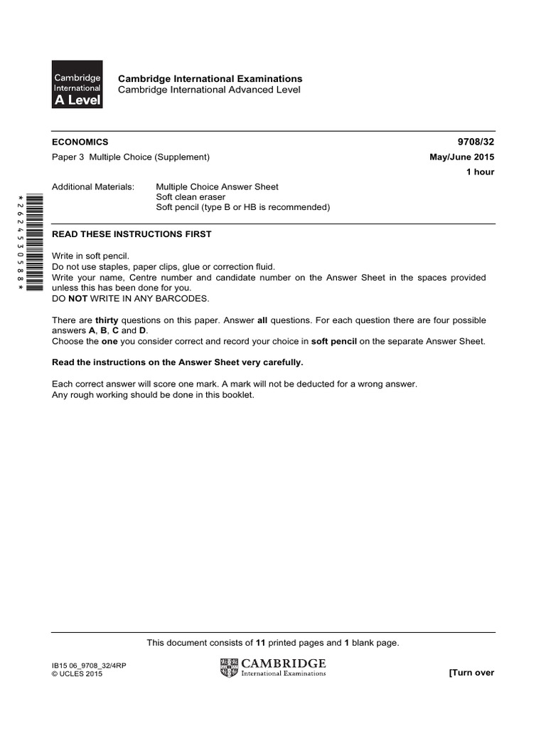 Economics Paper 3 Multiple Choice Guide | PDF | Average Cost | Labour ...