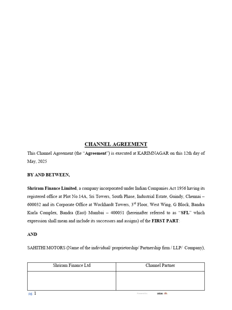Shriram Finance Channel Agreement | PDF | Payments | Legal Liability