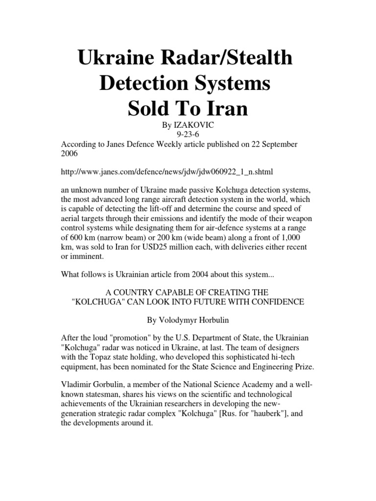 Ukraine Radar/Stealth Detection Systems Sold To Iran PDF Radar Ukraine