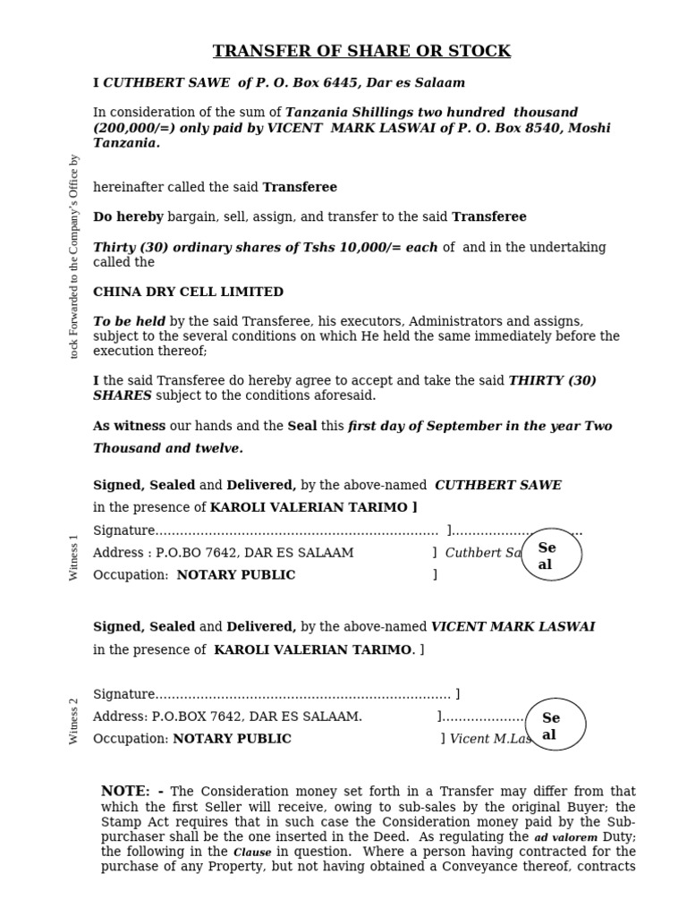Transfer of Shares in China Dry Cell | PDF | Deed | Conveyancing