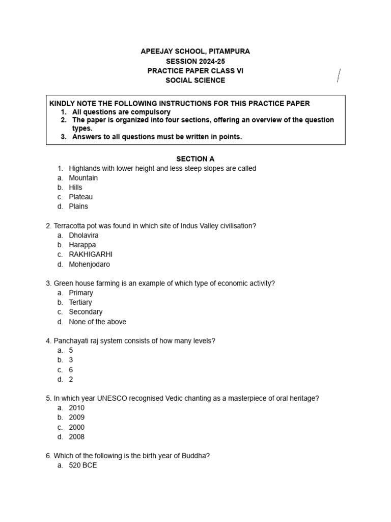 Class VI Social Science Practice Paper | PDF | Earth Sciences