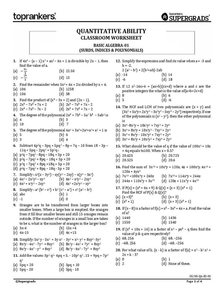 Algebra Practice Questions and Answers | PDF | Elementary Mathematics ...