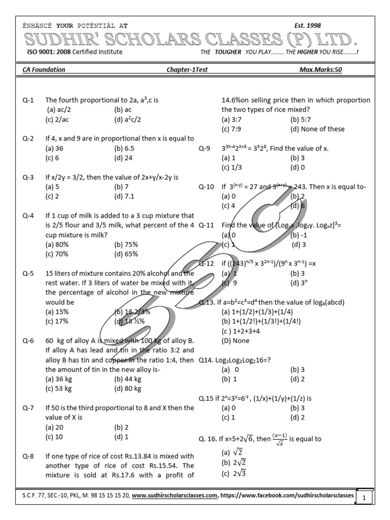 CA Foundation Math Chapter 1 Test | PDF | Mean | Descriptive Statistics