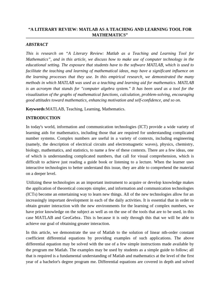 A Literary Review Matlab As A Teaching and Learning Tool For ...
