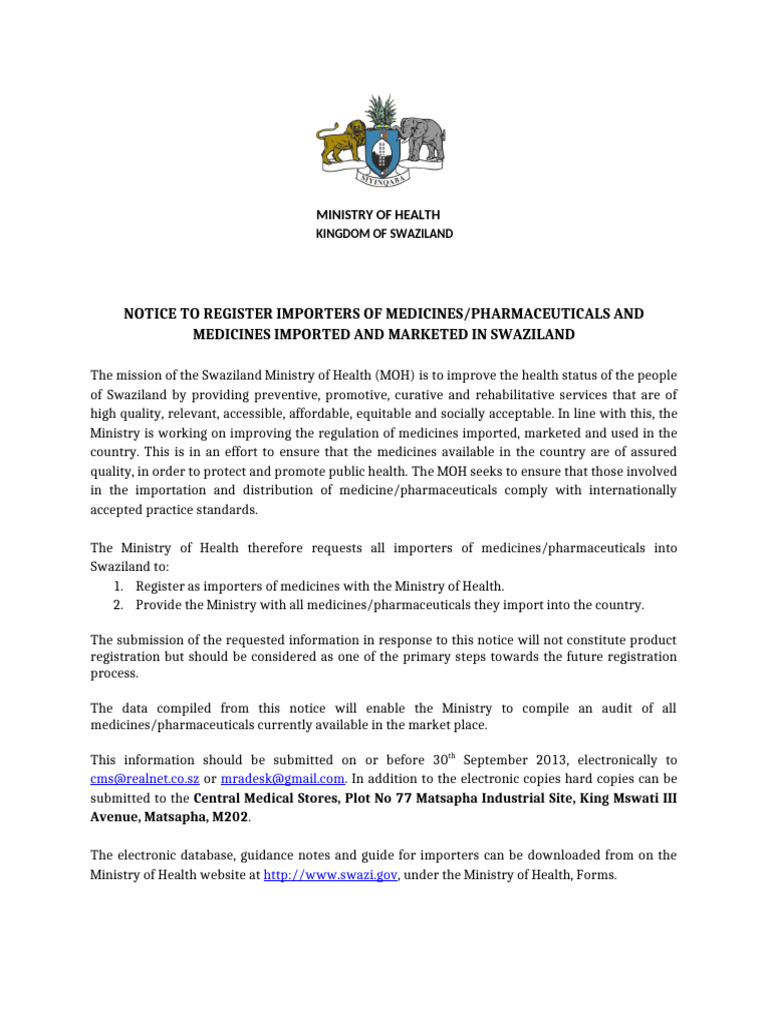Swaziland Call For Registration Medicines | PDF