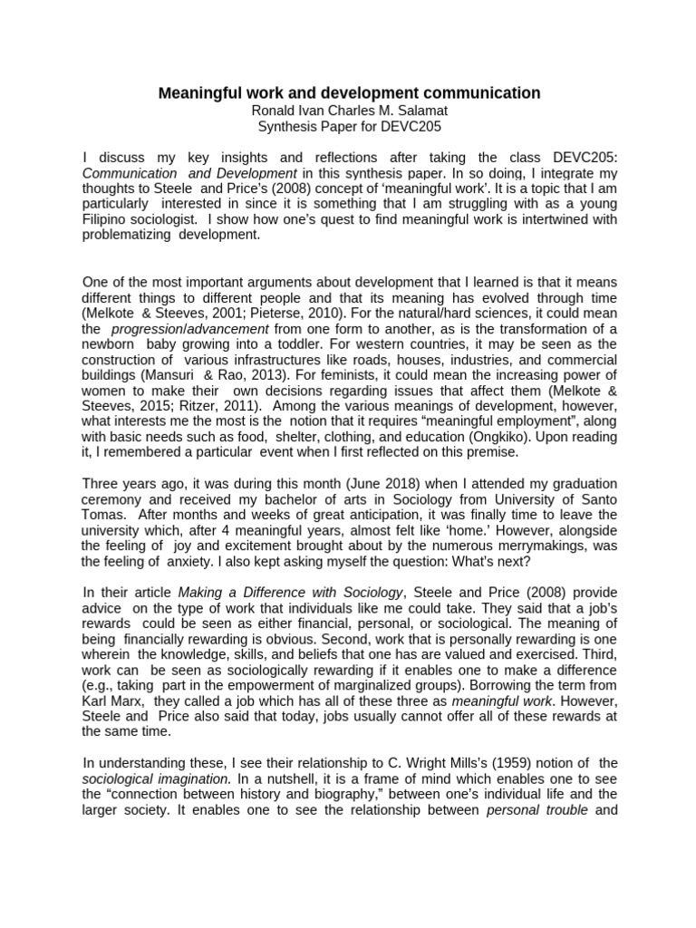 Salamat Ivan - Devc 205 Synthesis Paper (Sample) | PDF