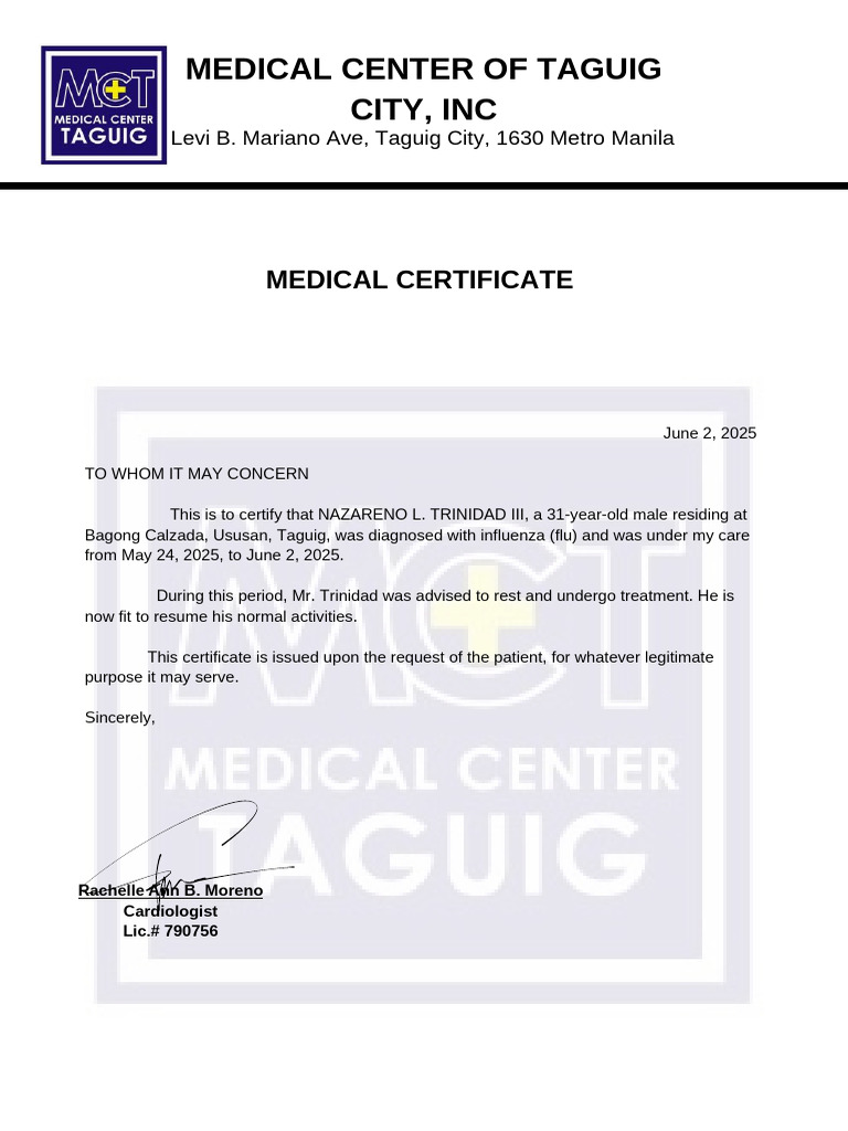 Medical Certificate for Influenza Recovery | PDF