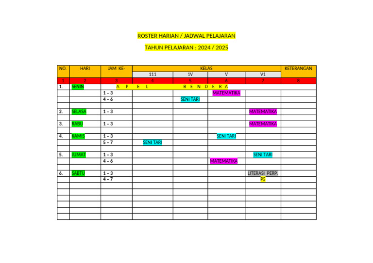Roster Harian Pelajaran 2024/2025 | PDF