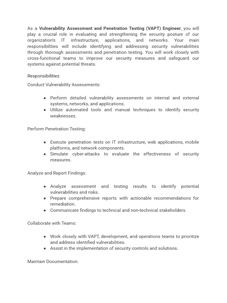 VAPT Engineer Role: Security Assessments & Testing | PDF | Penetration ...