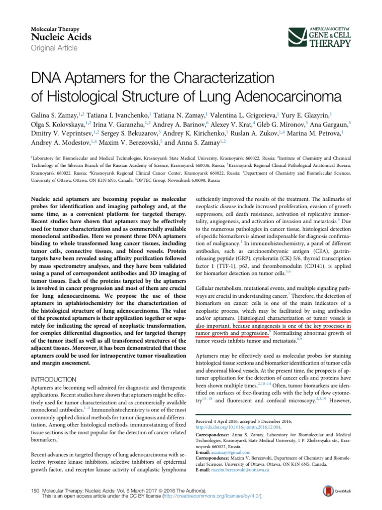 DNA Aptamers For The Characterization | PDF | Immunohistochemistry | Cancer