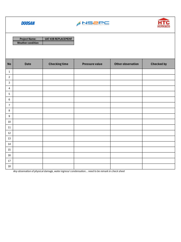 Daily Pressure Check Sheet | PDF
