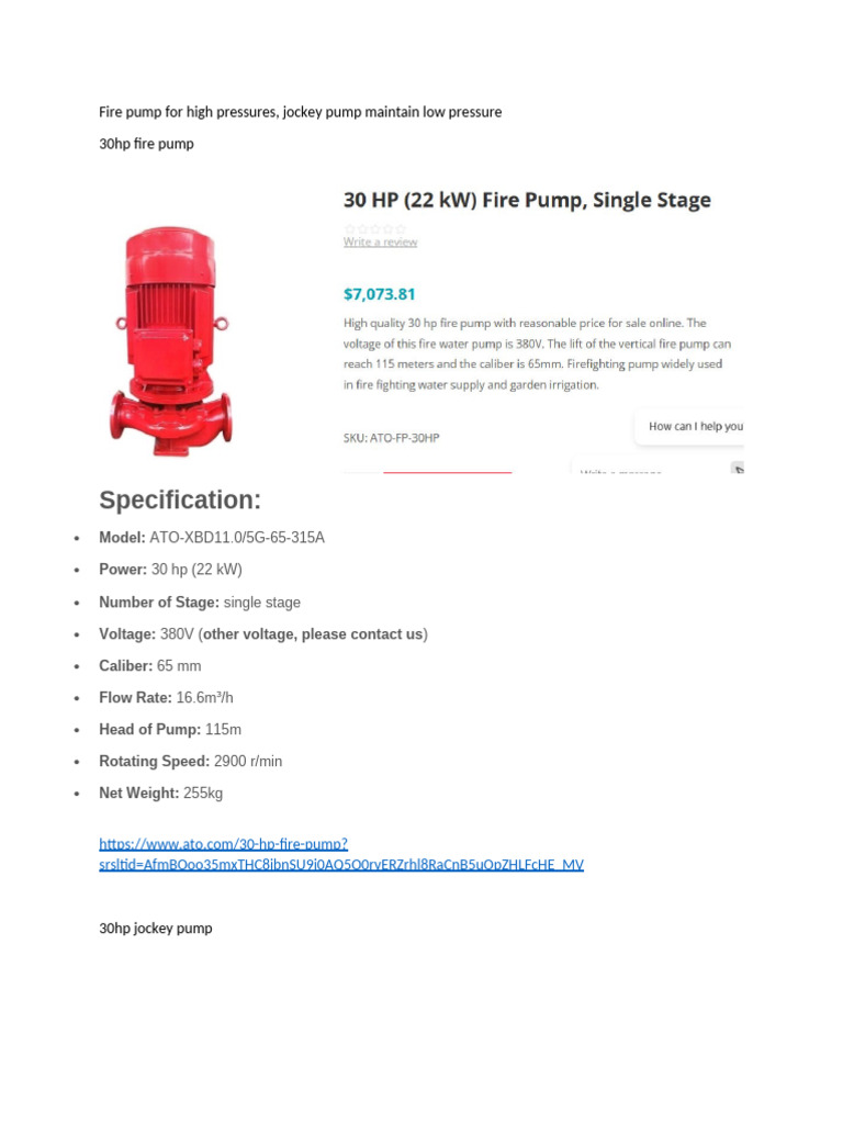 30hp Fire and Jockey Pump Specifications | PDF