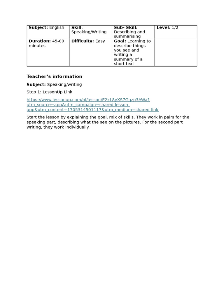 Lessonplan Speaking and Writing Pictionary and Summary | PDF