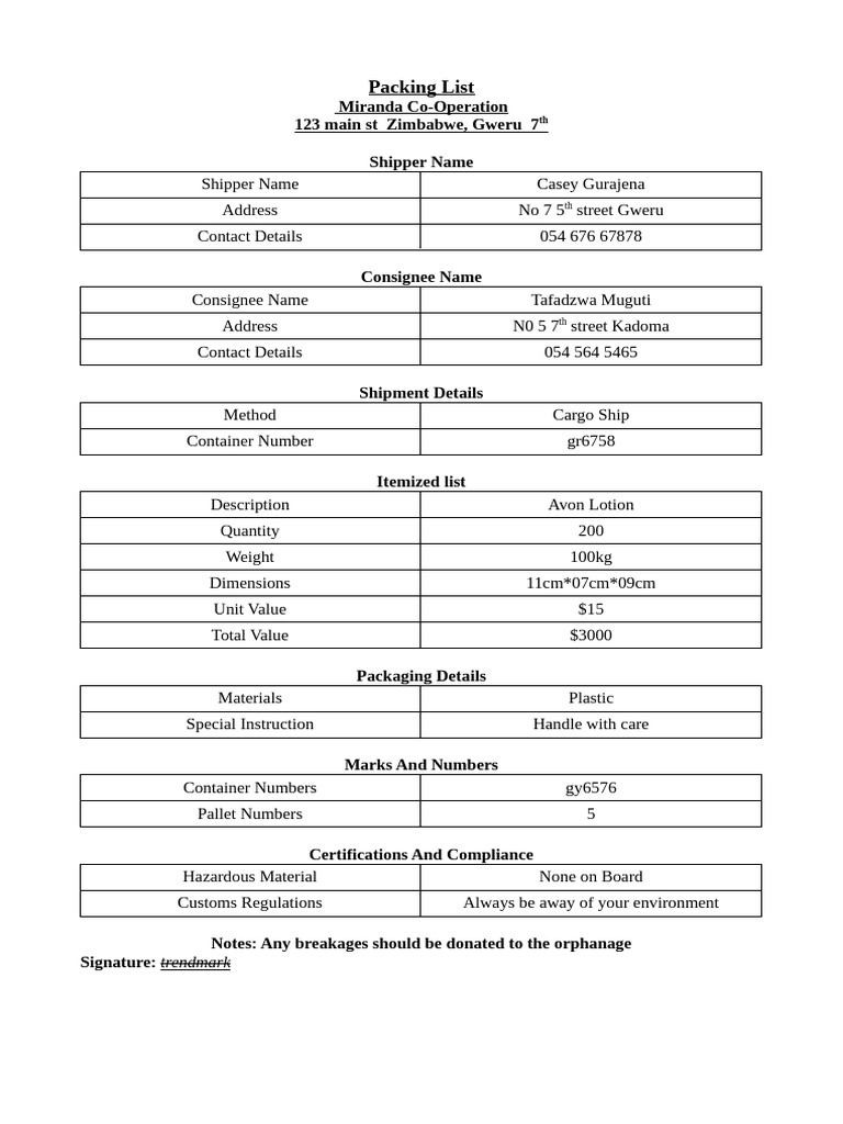 Shipping Packing List for Avon Lotion | PDF