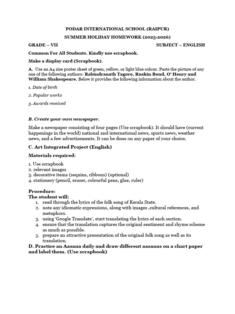 Grade VII Summer Homework 2025-26 | PDF