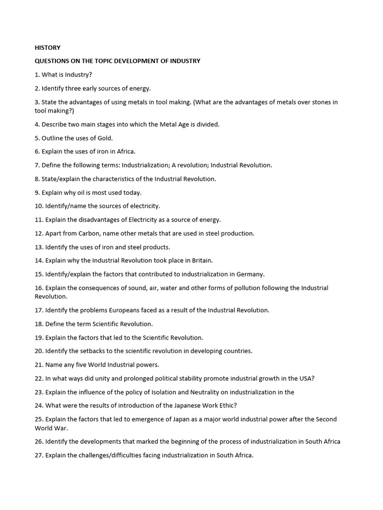 Form 2R Revision Questions On The Topic INDUSTRY | PDF | Industrial ...