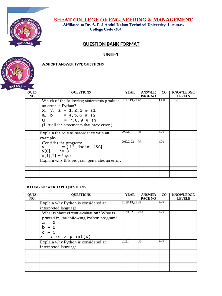 Python Programming Question Bank | PDF | Python (Programming Language ...