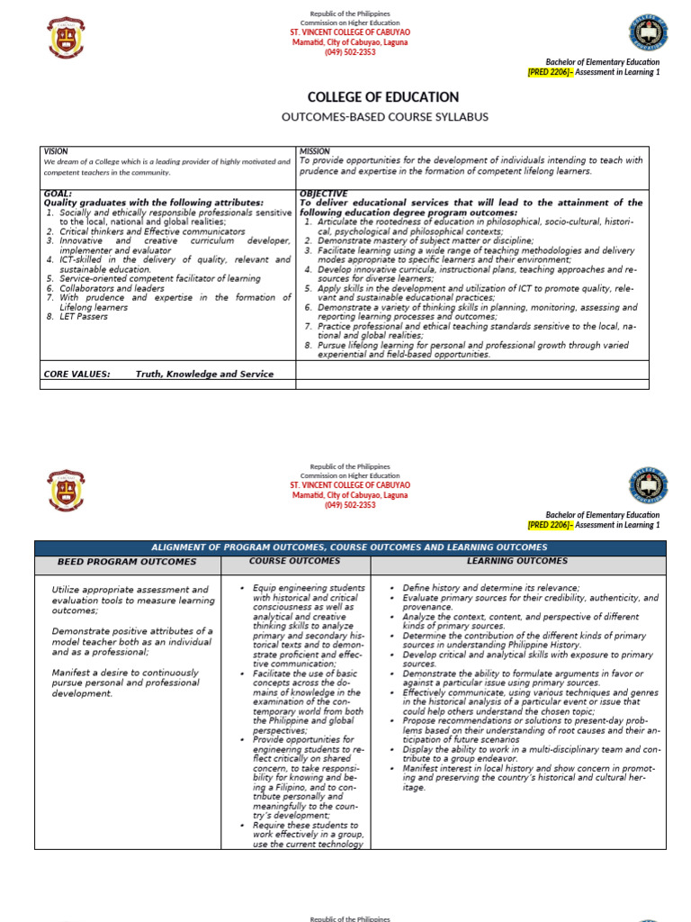 BEED Course Syllabus: Assessment in Learning | PDF | Curriculum ...