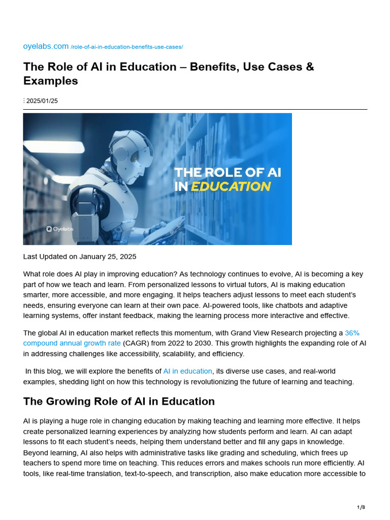 The Role of AI in Education Benefits Use Cases Examples | PDF ...