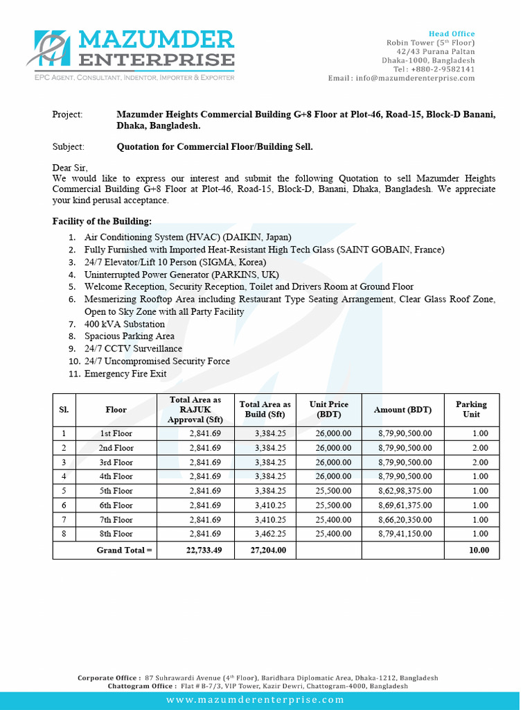 Quotation for Mazumder Heights Building | PDF