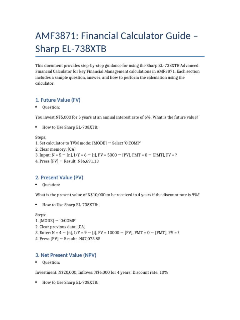 AMF3871 Sharp EL738XTB Calculator Guide | PDF