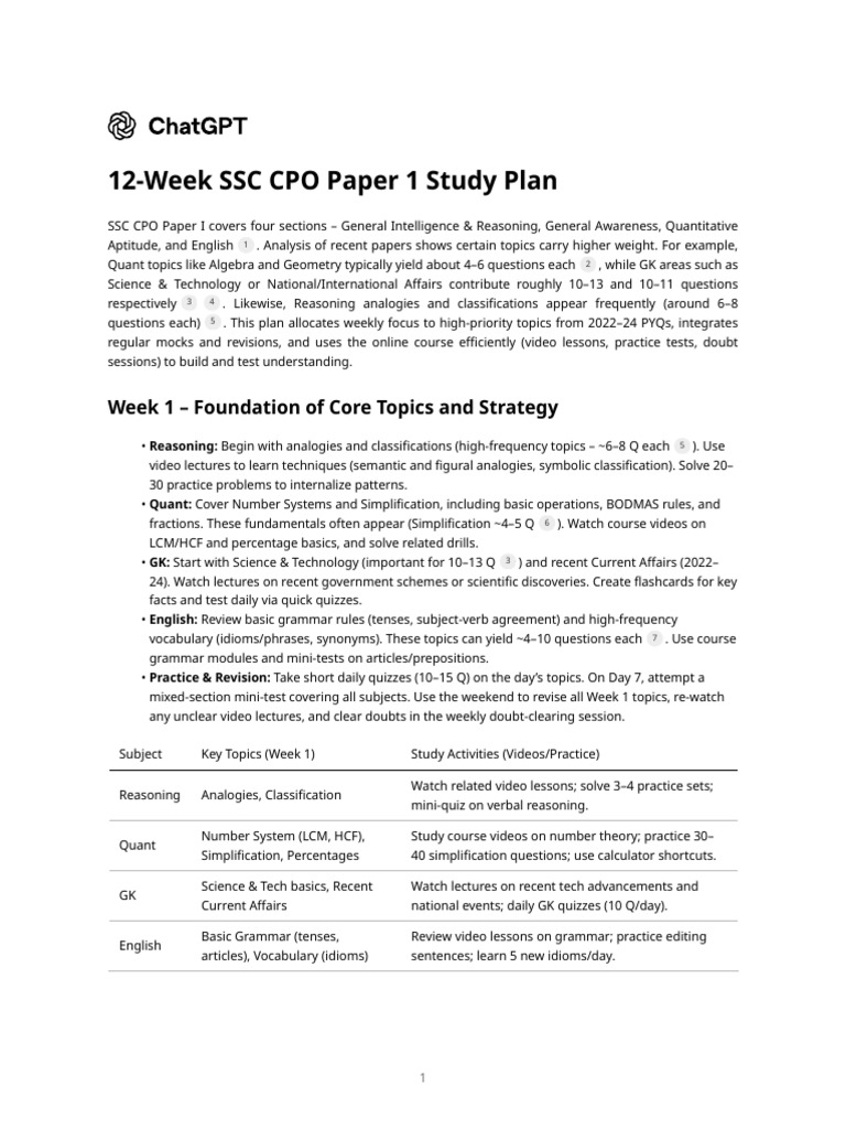 SSC CPO Paper 1 Study Plan 2024 | PDF | Algebra | Numbers