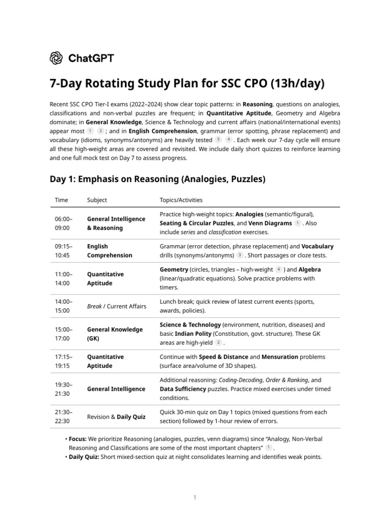 7-Day SSC CPO Study Plan Guide | PDF | Algebra | Numbers