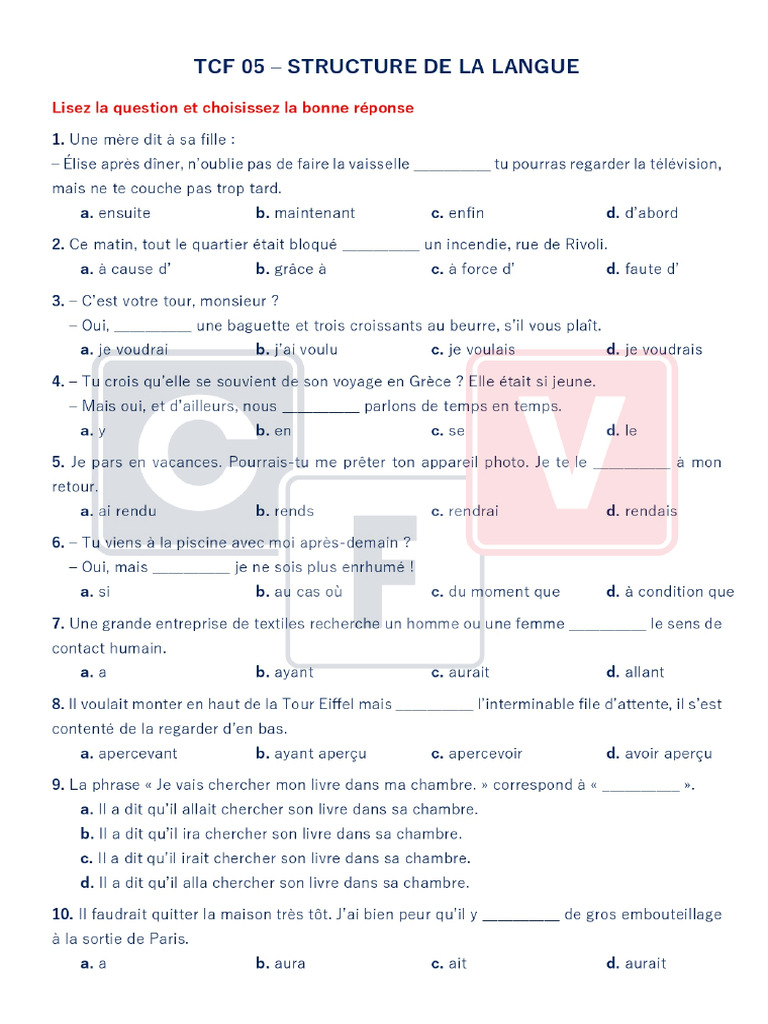 TCF - Structure de la langue - Đề 10 | PDF