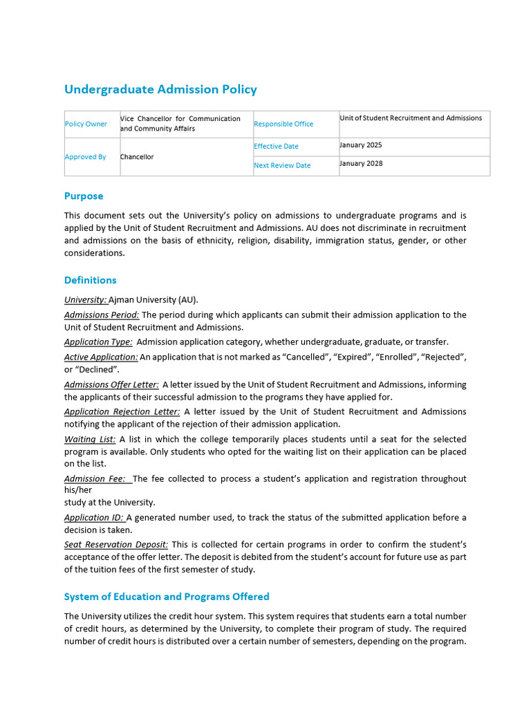 Ajman University Undergraduate Admissions Policy | PDF | University And ...