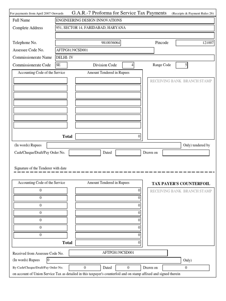 G.A.R.7 Proforma For Service Tax Payments Full Name Complete Address