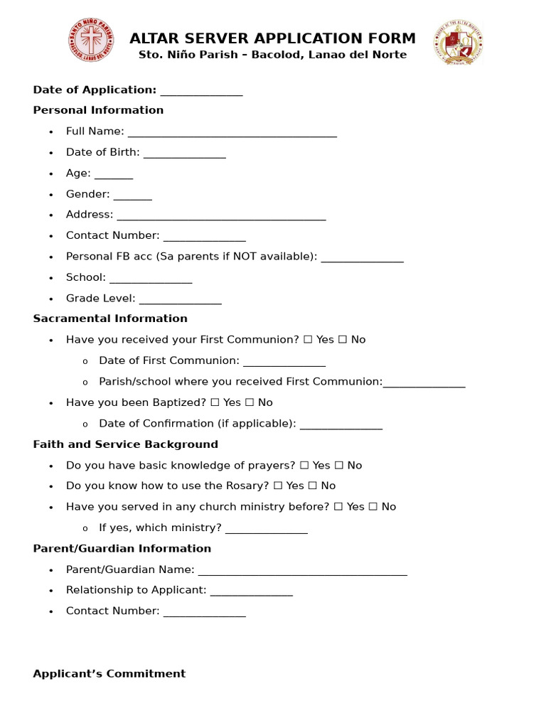 Altar Server Application Form - Sto. Niño Parish | PDF