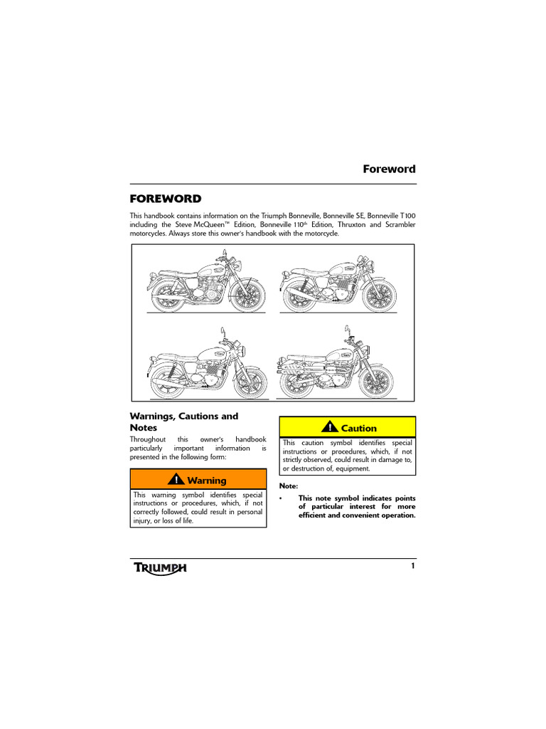 Triumph Bonneville Owner's Handbook | PDF | Motorcycle | Land Vehicles