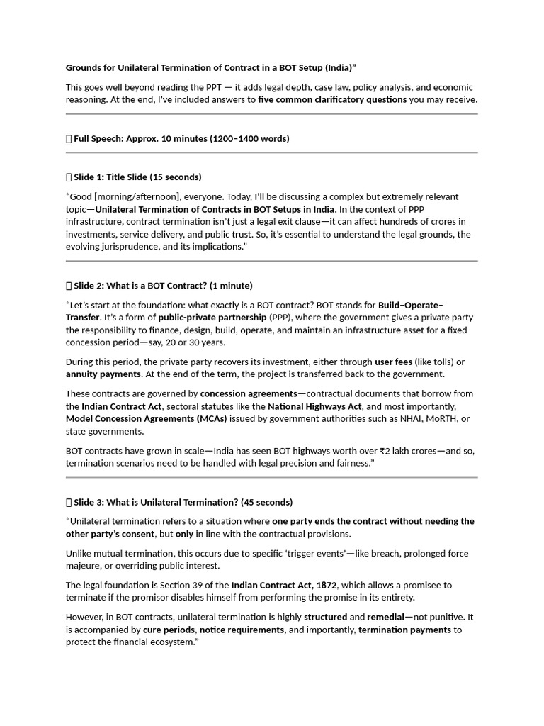 VERBATIMGrounds For Unilateral Termination of Contract in A BOT Setup ...