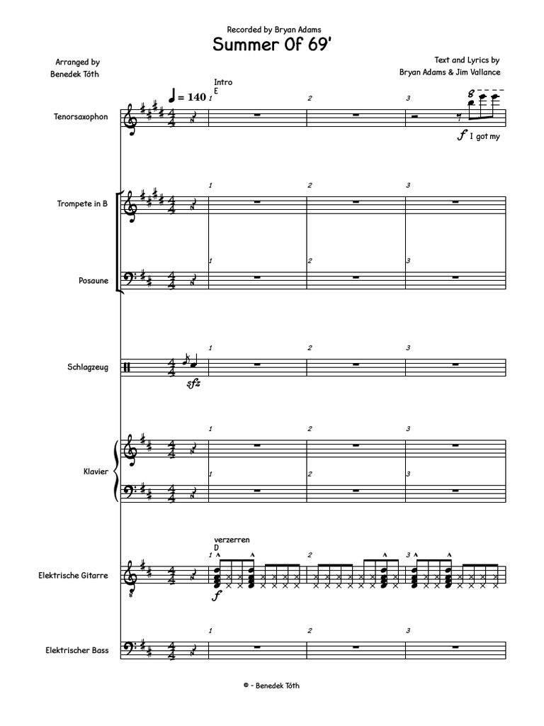 Summer of '69 Sheet Music Arrangement | PDF