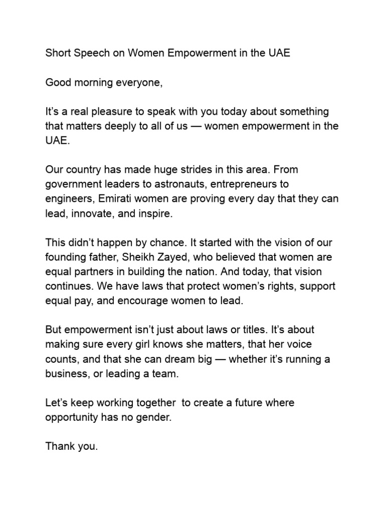 Short Speech On Women Empowerment in The UAE | PDF