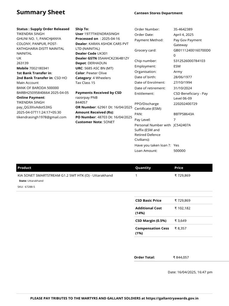CSD Order Summary for ESM Vehicle Purchase | PDF | Services (Economics ...