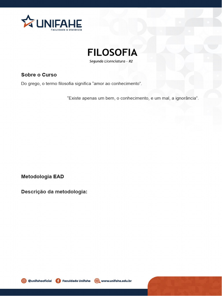 Segunda Licenciatura em Filosofia EAD Unifahe | PDF