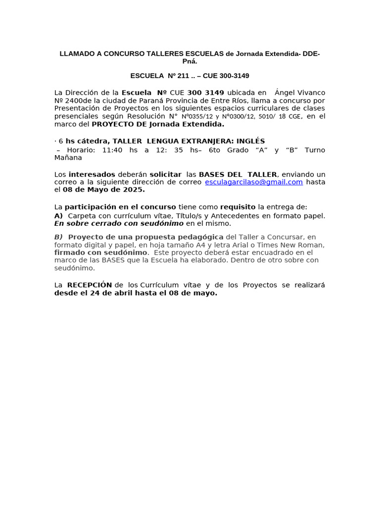 Llamado A Concurso Talleres Escuelas de Jornada Extendida 2024 | PDF