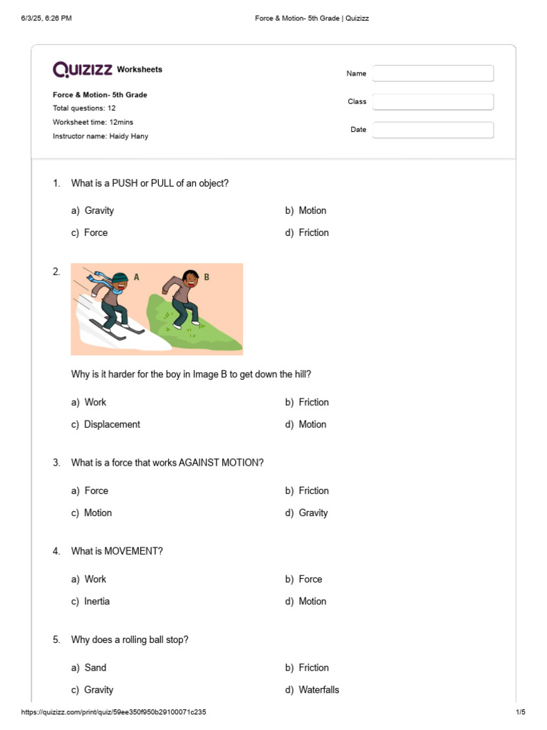 Force & Motion - 5th Grade - Quizizz | PDF | Force | Applied And ...