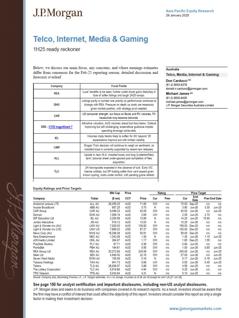 JPMorgan - Telco, Internet, Media & Gaming 1H25, Jan 29 2025 | PDF |  Valuation (Finance) | Price–Earnings Ratio