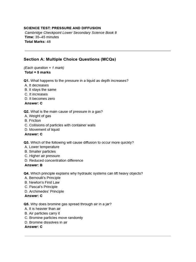 Pressure and Diffusion Science Test | PDF | Pressure | Gases