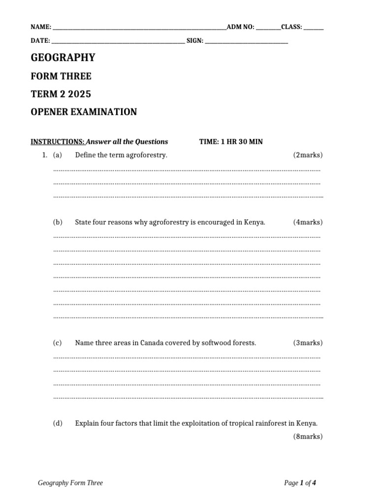 Geography Form Three Term 2 Exam 2025 | PDF