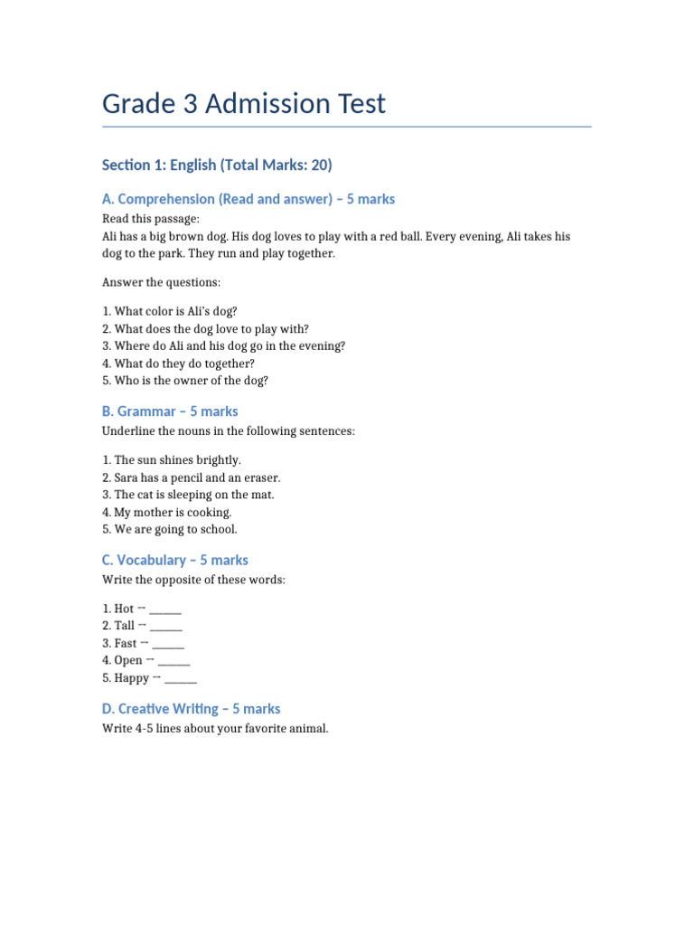 Grade 3 Admission Test Questions | PDF