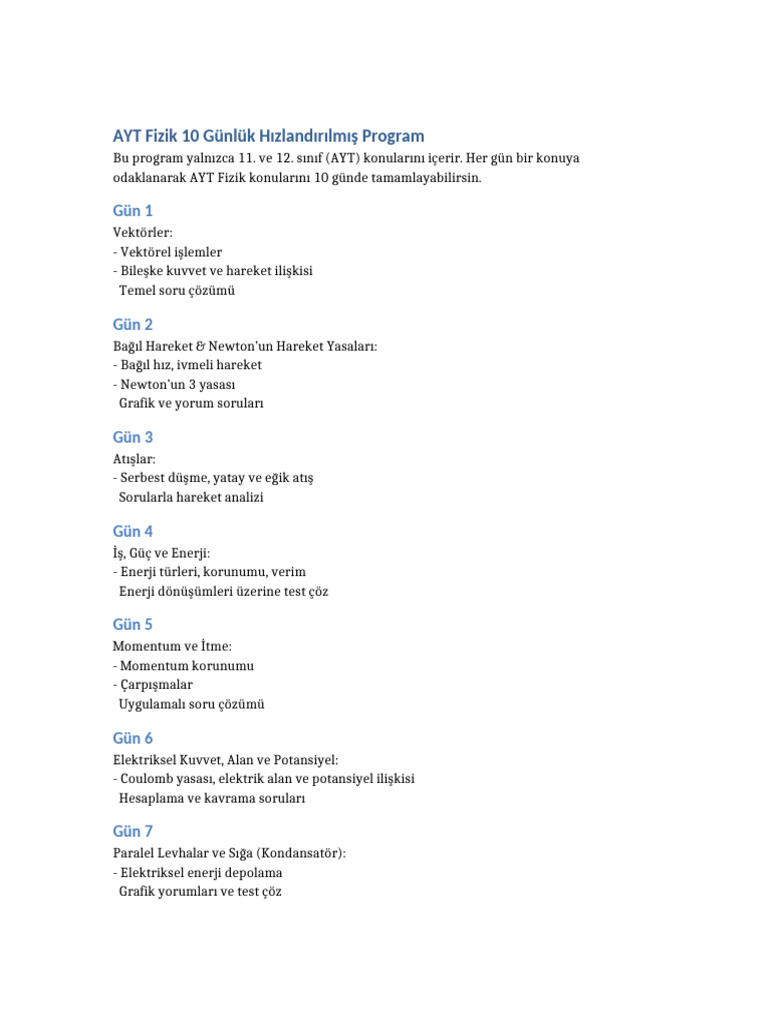 AYT Fizik 10 Gunluk Program | PDF
