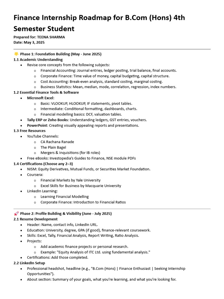 Finance Internship Roadmap For B | PDF | Financial Analyst | Financial ...