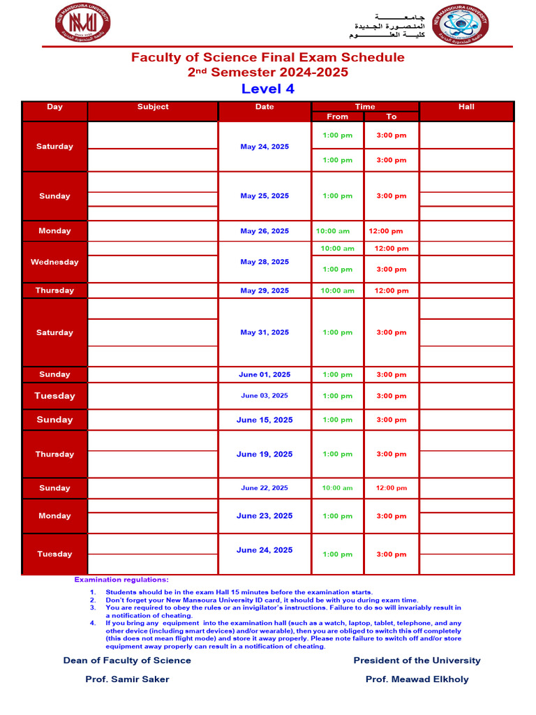faculty-of-science-final-exam-schedule-2nd-term-level-4-2025